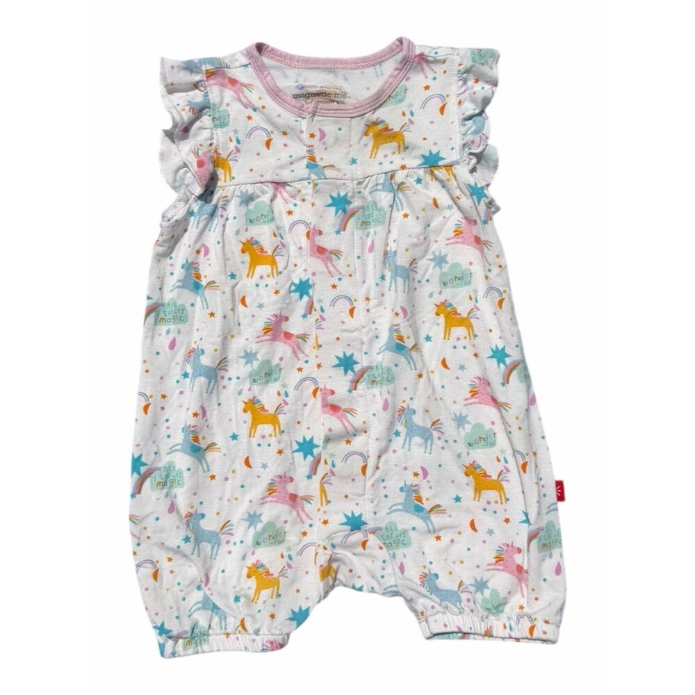 Magnetic Me Unicorn Rainbow Romper 3-6 Months White Pink Ruffle Modal Magnetic